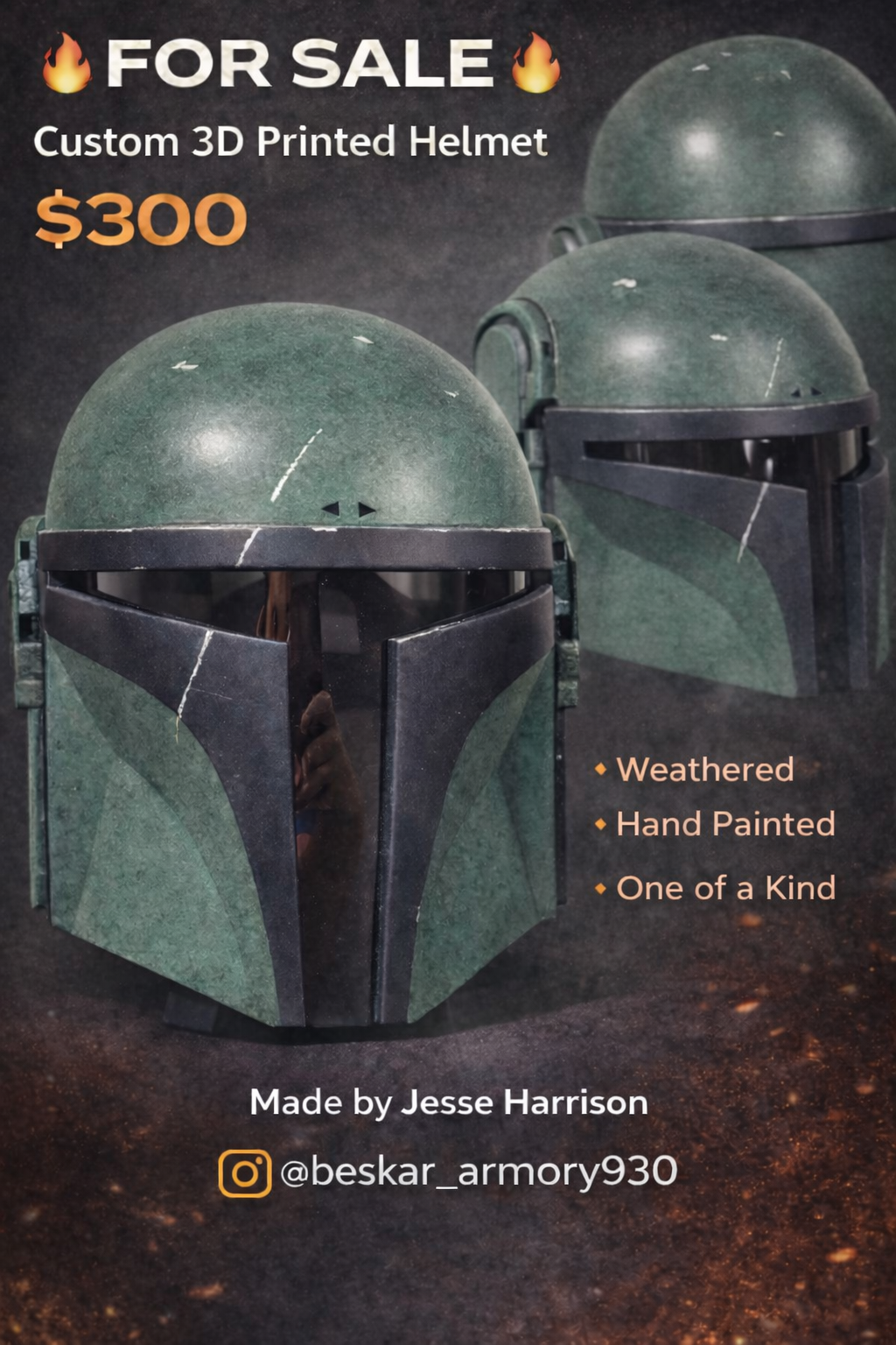 Custom 3D printed Mandalorian-style helmet, weathered and hand painted