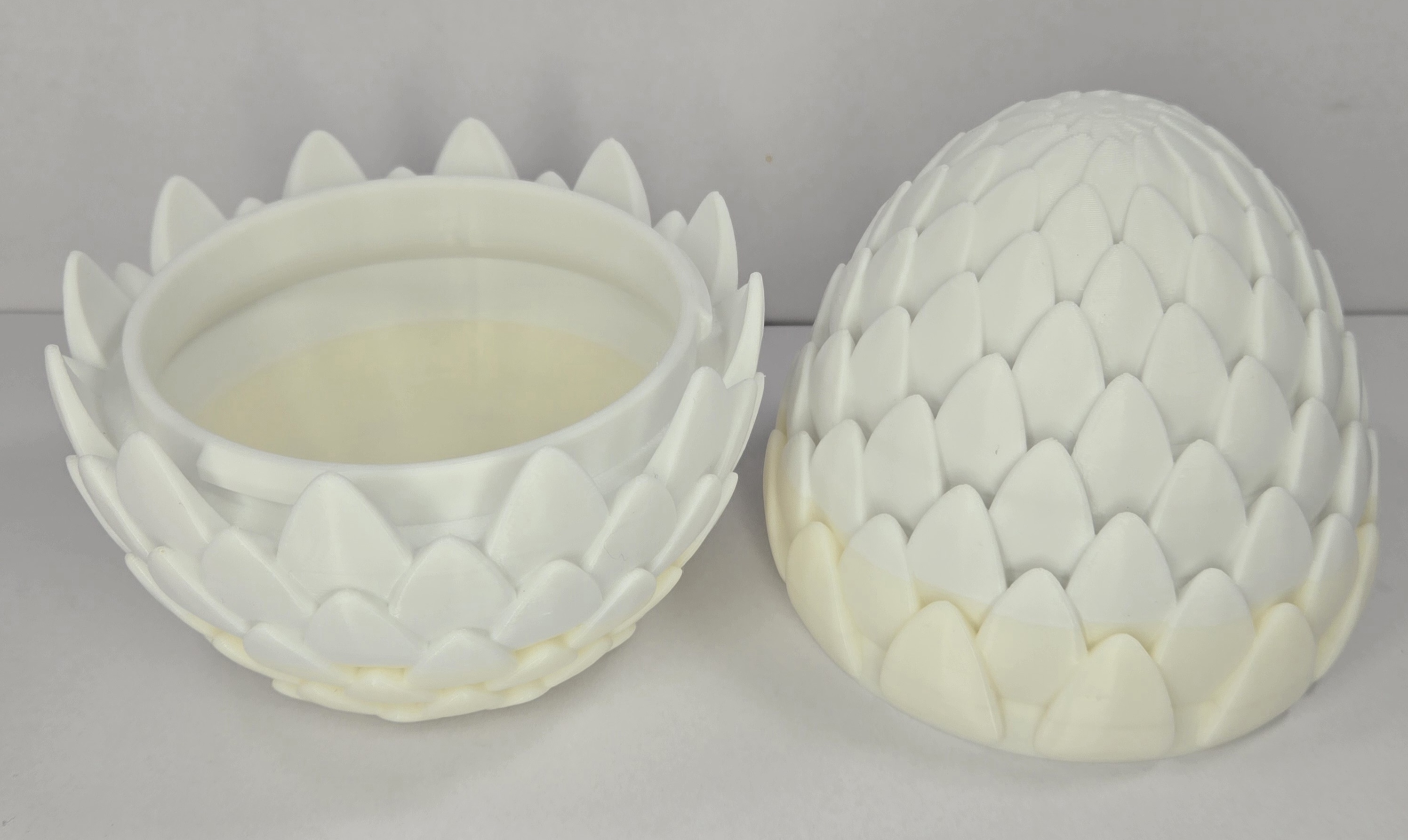 White dragon egg opened, side view showing base and lid