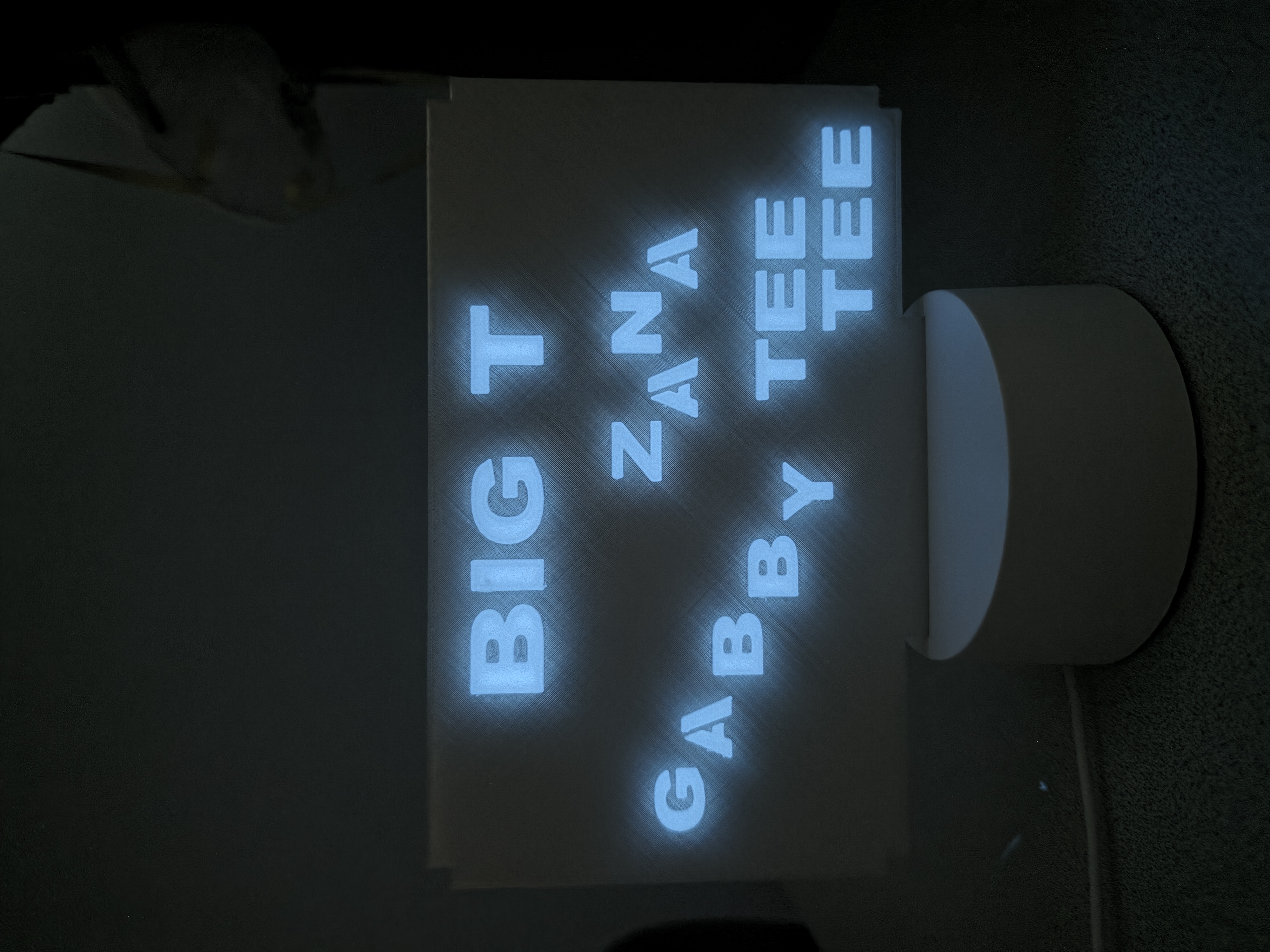 Personalized 3D printed LED name sign glowing blue with several names