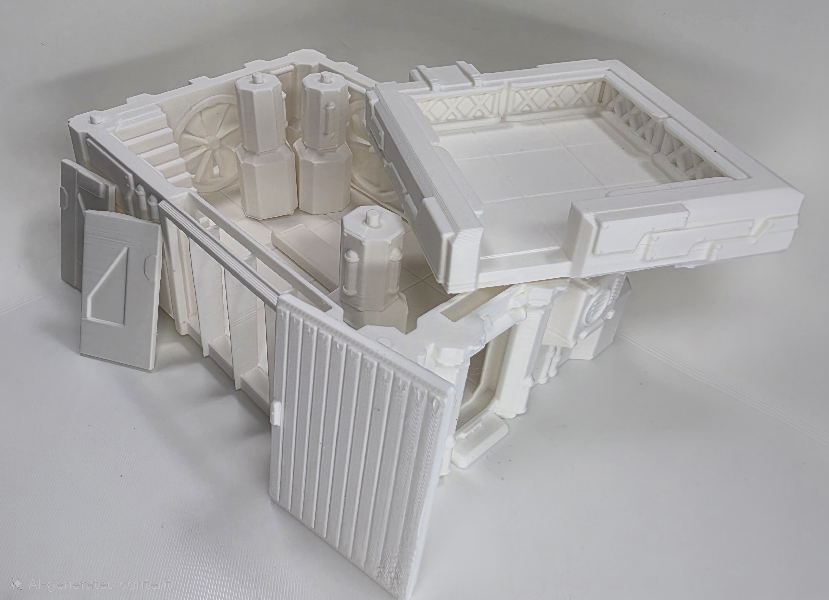 White 3D printed sci-fi modular terrain building for tabletop gaming
