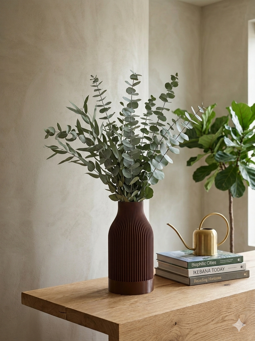 3D printed brown ribbed vase with eucalyptus stems