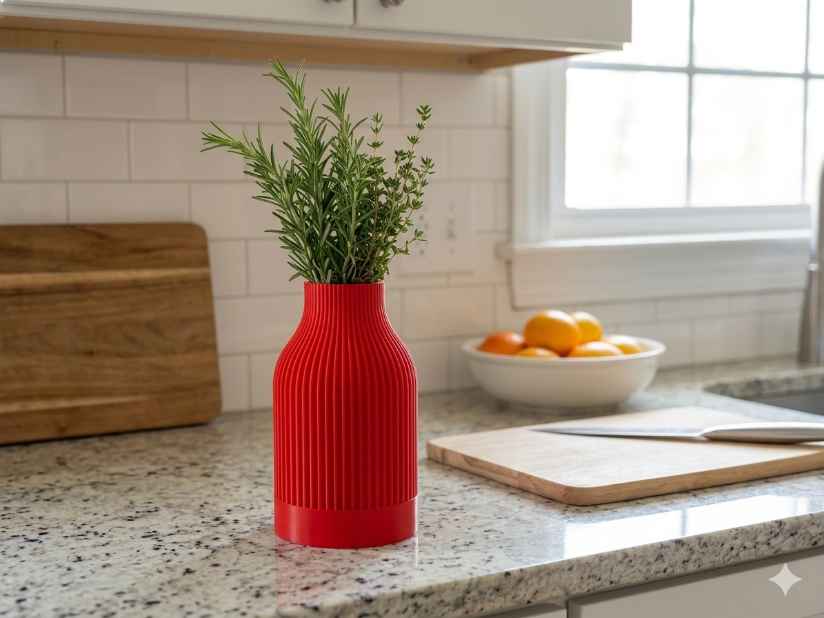 3D printed red ribbed vase with fresh herbs in a kitchen