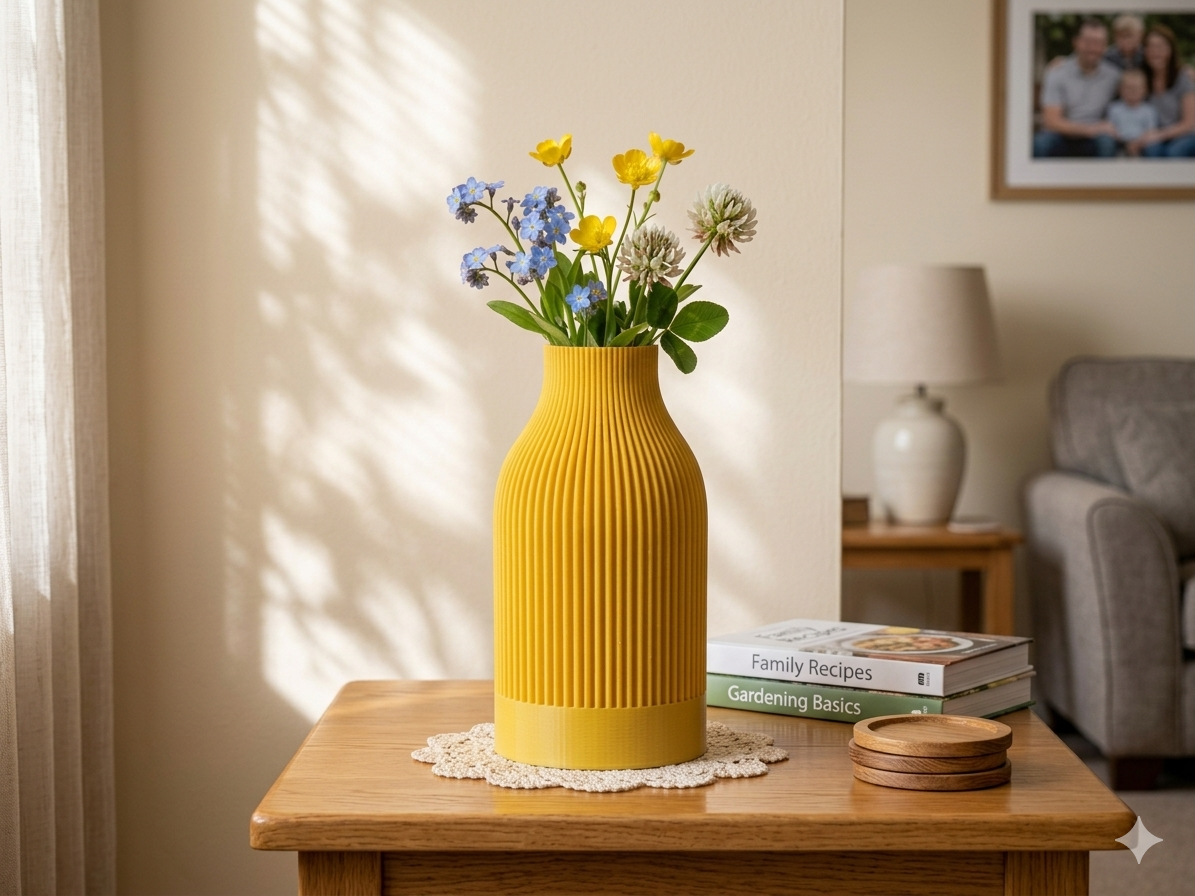 3D printed yellow ribbed vase holding wildflowers on a side table