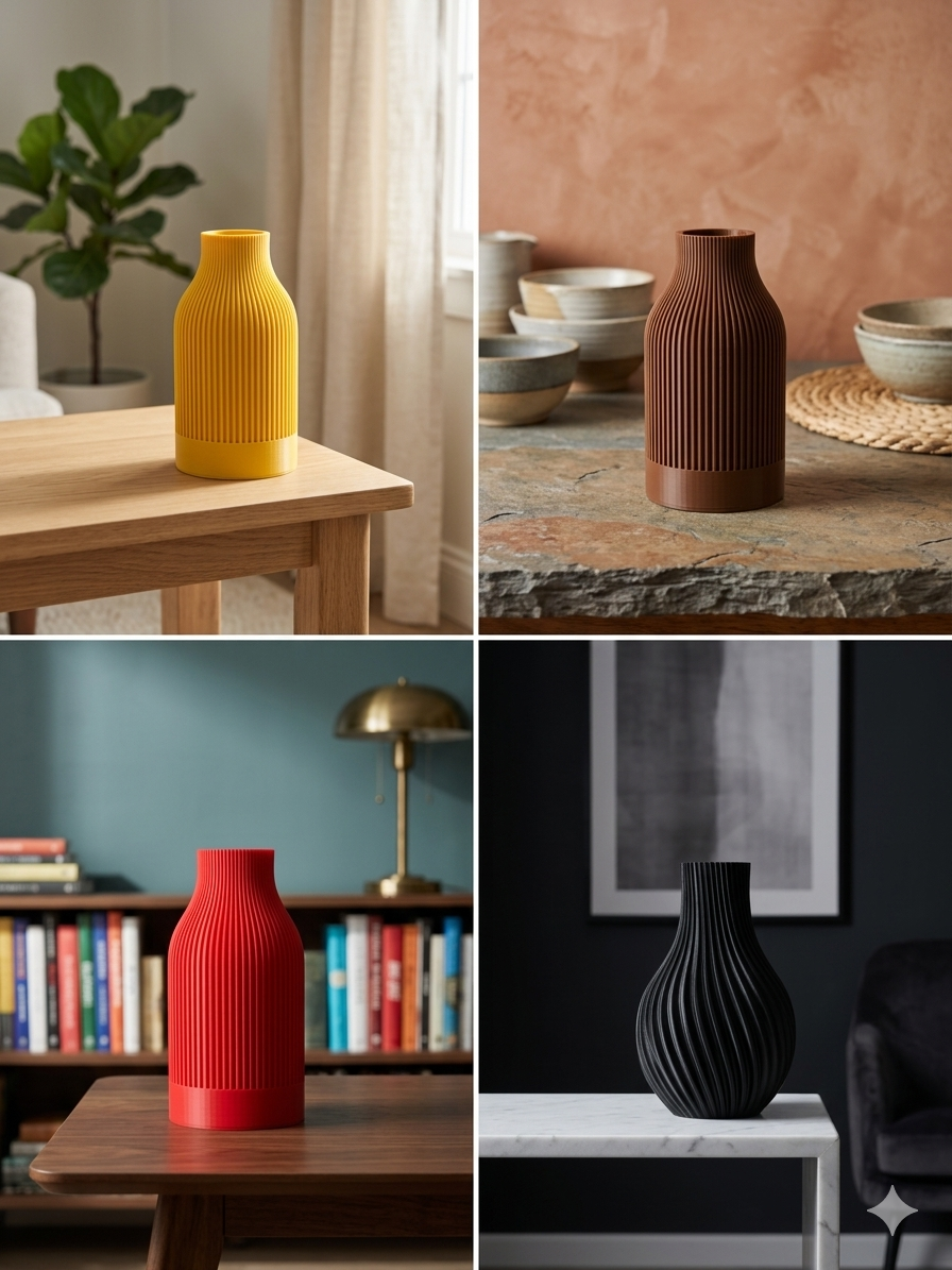 Ribbed and swirl 3D printed vases styled in four room settings